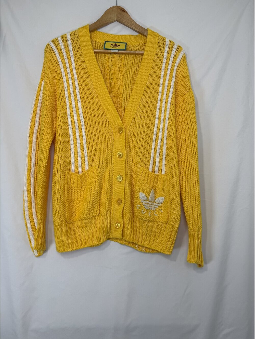 Gucci x adidas Yellow Cable Knit Cardigan White 3 Stripes Linen Cotton Size XS